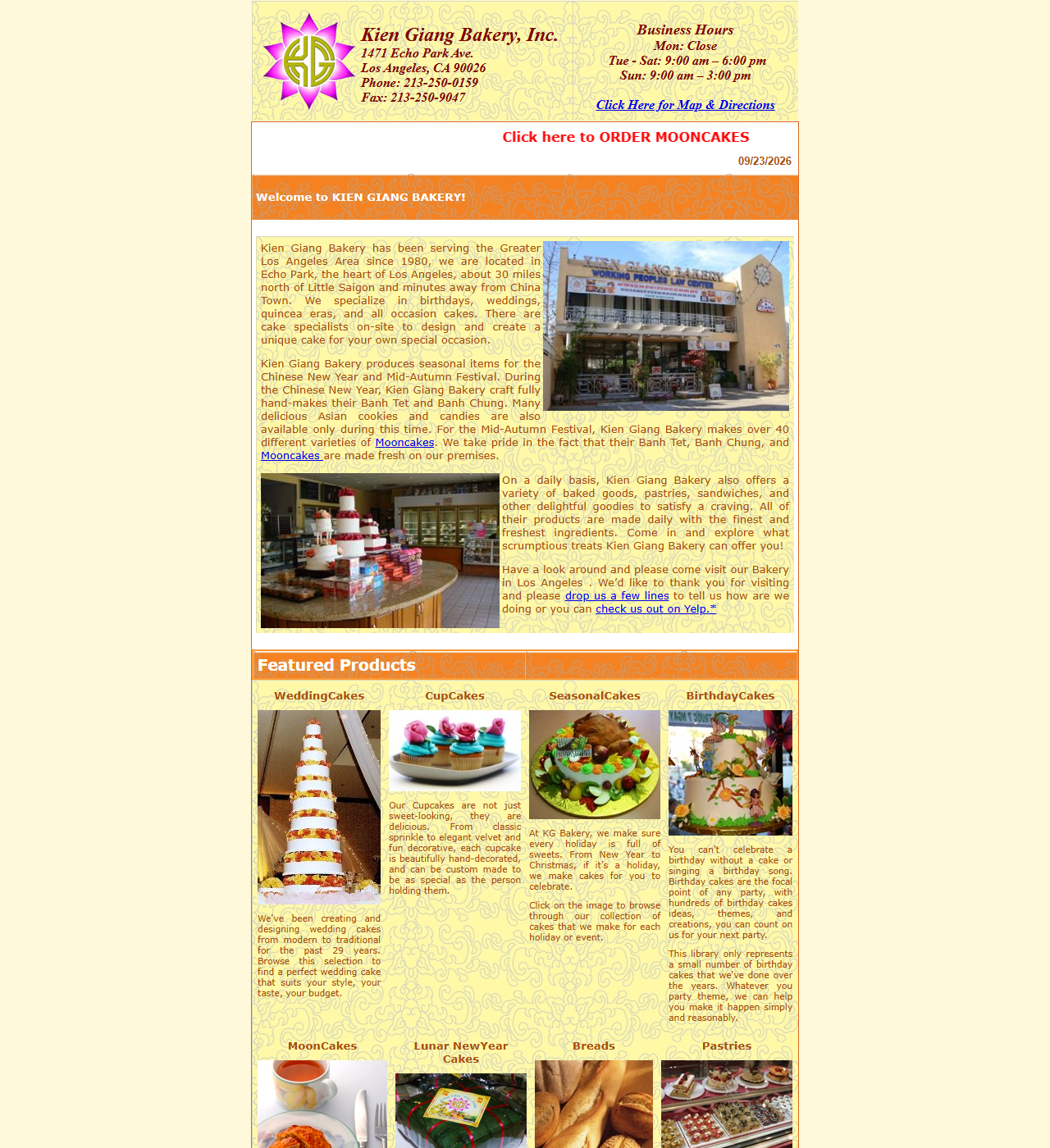 The original kgbakery.com homepage: yellow patterned background, table layout, small text